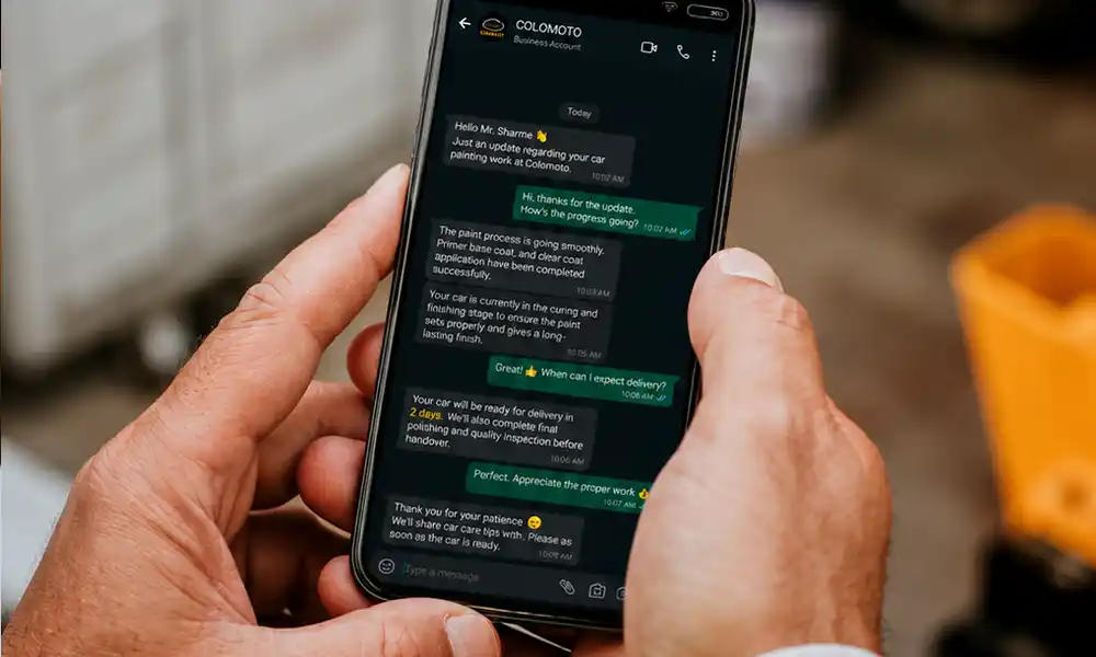 Daily WhatsApp progress updates during a Colomoto paint job
